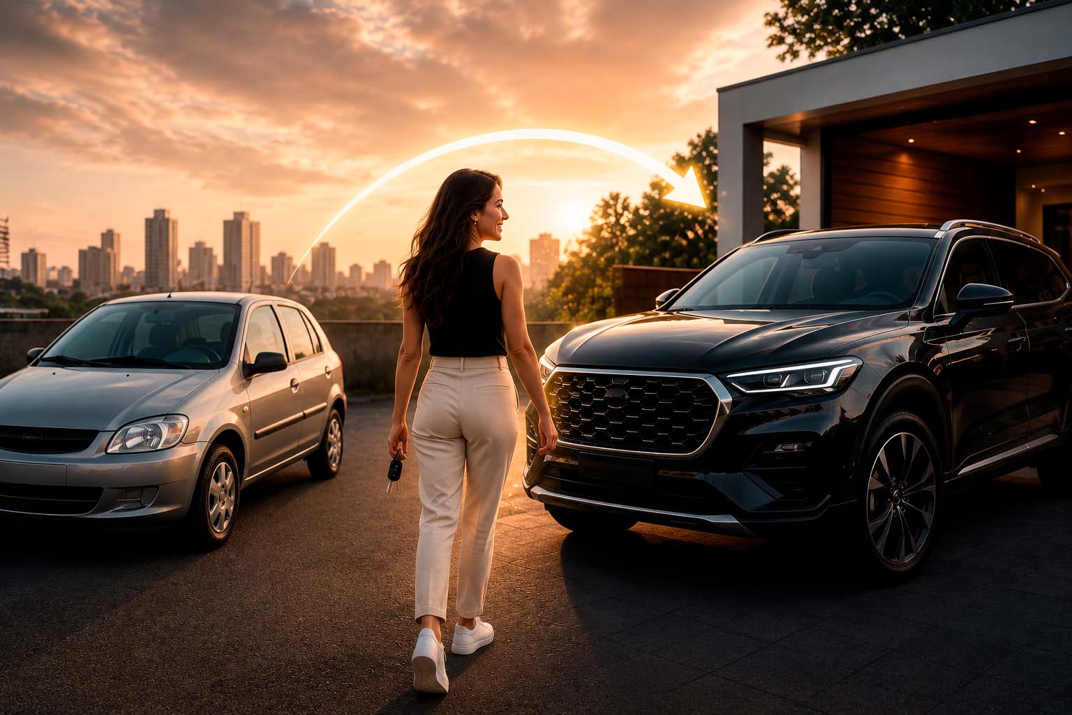 Mulher sorridente segura chaves e caminha de um carro compacto para um SUV premium, ilustrando o upgrade de patrimônio com o Crédito em Dobro.