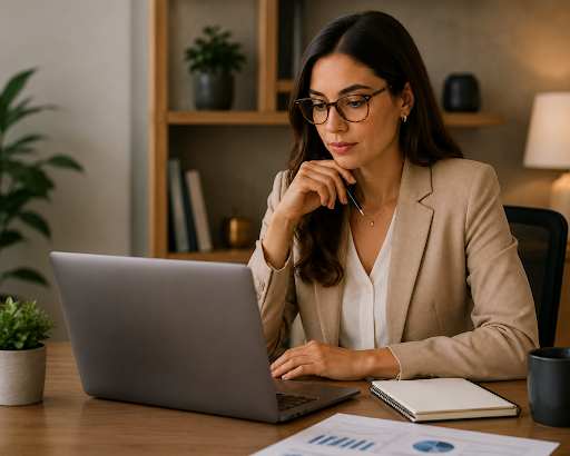 Mulher analisa resultados de investimento em consórcio, em ambiente corporativo moderno e organizado.