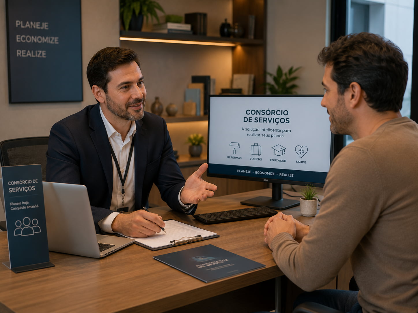 Cliente conversa com corretor de consórcio de serviços em escritório moderno durante atendimento consultivo.