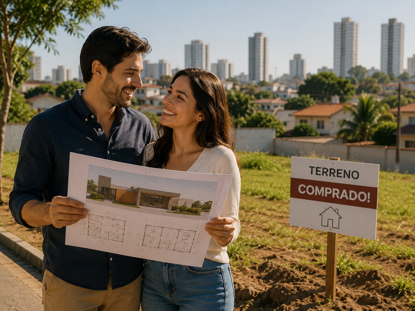 Casal feliz em terreno recém-comprado segura projeto da futura casa em bairro residencial.
