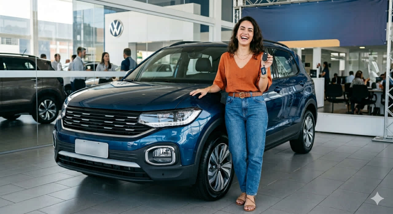 Mulher sorrindo ao lado de SUV azul em concessionária, segurando chave do carro novo.