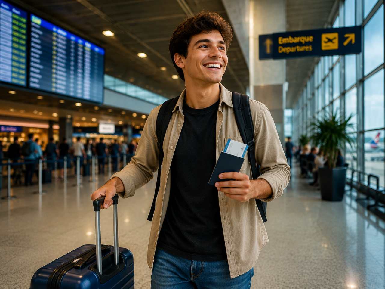 Jovem sorridente em aeroporto com mala de viagem, pronto para embarcar em uma viagem.